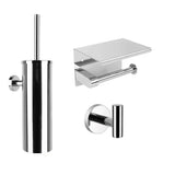 De Nando Chroom WC-set van yessential.nl bestaat uit een wandclosetborstelhouder, toiletpapierhouder met bovenblad en ronde wandhaak - elk gemaakt van gepolijst, verchroomd roestvrijstaal voor een strakke look.