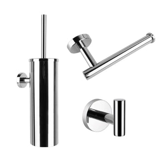 De Ferro Chroom WC-set van yessential.nl bestaat uit drie roestvrijstalen onderdelen: een wandclosetborstelhouder, toiletpapierhouder en wandhaak - ideaal voor een moderne, stijlvolle badkamer.