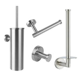 De Cosimo RVS WC Set van yessential.nl bevat vier roestvrijstalen items: een toiletborstelhouder, wandclosetpapierhouder, badjashaak en verticale opberghouder, allemaal afgebeeld tegen een witte achtergrond.