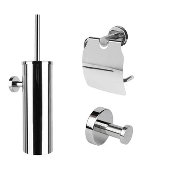De Mano Chroom WC-set van yessential.nl bestaat uit een glanzend chromen toiletborstel met houder, een wandcloset met deksel en een enkele wandhaak - perfect voor een stijlvolle badkamerorganisatie.