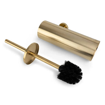 De Armando Gold Set van yessential.nl heeft een goudkleurige toiletborstel met een cilindrische houder, zwarte borstelkop en bijpassende gouden handgreep - een elegante keuze voor elke gouden toiletset of badkameraccessoireset.