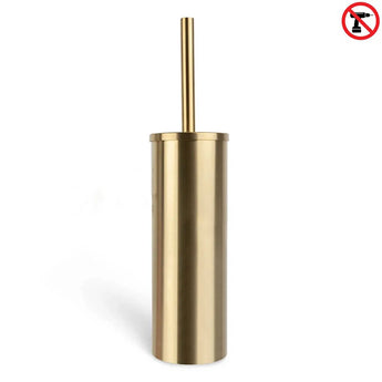 De Tygo Gold WC Set (zonder boren) van yessential.nl staat rechtop op een witte achtergrond met een metallic gouden afwerking en bijpassende handgreep. Rechtsboven staat een rood zonder boren symbool, perfect voor stijlvolle badkameraccessoires.