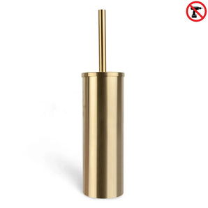 De Bruno Gold van yessential.nl is een vrijstaande gouden toiletborstel met houder en vervangbare kop. In de rechterbovenhoek zie je een rood rondje met boor-icoon en streep: geen boren nodig.