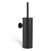 De Branco Black van yessential.nl is een wandgemonteerde, zwarte toiletborstelhouder met een cilindrische houder en een wc-borstel met lange greep, afgebeeld tegen een witte achtergrond.