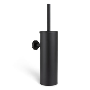 De Branco Black van yessential.nl is een wandgemonteerde, zwarte toiletborstelhouder met een cilindrische houder en een wc-borstel met lange greep, afgebeeld tegen een witte achtergrond.