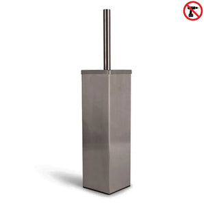 De Lazzo Gunmetal WC Set (no-drill) van yessential.nl heeft een roestvrijstalen toiletborstelgarnituur met vierkante basis en een lang handvat. Een rood no-drill-symbool rechtsboven geeft aan dat je voor de installatie niet hoeft te boren - ideaal voor je wc-accessoires.