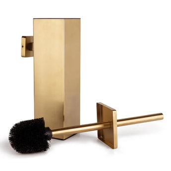 De Venzo Gold WC-set van yessential.nl, met een bijpassende gouden toiletborstelhouder en een borstel met zwarte borstelharen, wordt getoond tegen een witte achtergrond - ideaal voor iedereen die stijlvolle gouden toiletaccessoires voor hun badkamer wil.