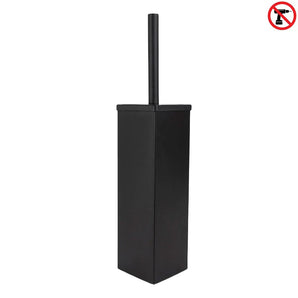 De Velasco Black toiletborstel met houder is afgebeeld in zwart met een lange steel op een witte achtergrond. Een rood "niet boren" icoon geeft aan dat dit vrijstaande model geen installatie vereist.