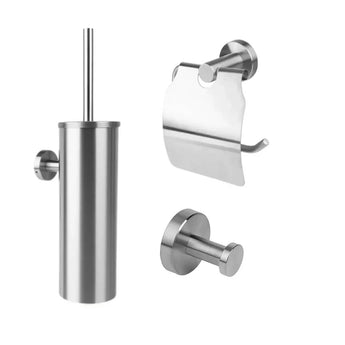 De Mano RVS WC Set van yessential.nl bevat een toiletborstelhouder, toiletrolhouder met klep en wandhaak - een complete, stijlvolle RVS badkameraccessoireset tegen een witte achtergrond.