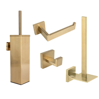 De Venzo Gold WC-set van yessential.nl bestaat uit vier moderne gouden badkameraccessoires - een wc-borstelhouder, papierhouder, enkele badjashaak en reservepapierhouder - met een strak vierkant ontwerp op een witte achtergrond.