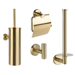 De Fabiano Gold WC-set van yessential.nl bestaat uit vier gouden badkameraccessoires: toiletborstelgarnituur, toiletrolhouder, wandhaak en reserverolhouder - alles in een strak, modern design.