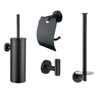 De Fabiano Black WC-set van yessential.nl bestaat uit vier strakke items: een wandborstelhouder, toiletpapierhouder met deksel, enkele haak en verticale reserverolhouder - ideaal als stijlvolle badkameraccessoireset.