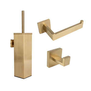 De Damiano Gold WC-set van yessential.nl bestaat uit een toiletborstel met houder, toiletpapierhouder en wandhaak - allemaal in geborsteld goud met minimalistische vierkante ontwerpen voor een moderne badkamerlook.
