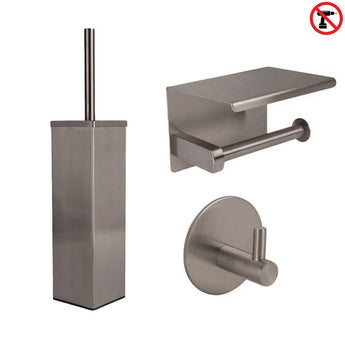 De Mauro Gunmetal WC Set (no-drill) van yessential.nl bestaat uit een vierkante wc-borstelhouder, wandclosetpapierhouder met planchet en ronde wandhaak-stijlvolle accessoires voor moderne badkamers. Boren is niet nodig.