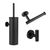 De Ferro Black WC-set van yessential.nl bestaat uit een matzwarte toiletborstelgarnituur, papierhouder en wandhaak - elk met een modern cilindrisch ontwerp en wandbevestigingen, perfect voor een strakke, eigentijdse badkamer.