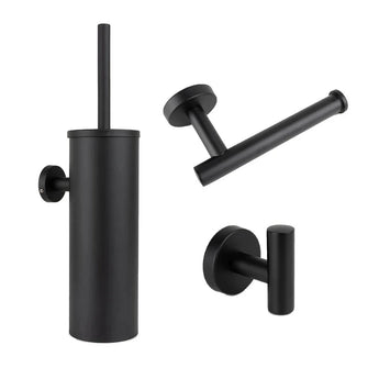 De Ferro Black WC-set van yessential.nl bestaat uit een matzwarte toiletborstelgarnituur, papierhouder en wandhaak - elk met een modern cilindrisch ontwerp en wandbevestigingen, perfect voor een strakke, eigentijdse badkamer.