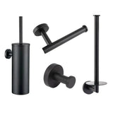 De Cosimo Black toiletset van yessential.nl heeft een wandgemonteerde toiletborstelhouder, toiletpapierhouder, badjashaak en reserverolhouder in een modern zwart design-ideaal als toiletset zwart voor een strak contrast op witte achtergronden.