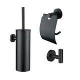 De Sandro Black WC set van yessential.nl bevat drie moderne badkameraccessoires: een matzwarte wandtoiletborstelhouder, toiletrolhouder met klep en een enkele haak, ideaal voor een minimalistisch interieur.