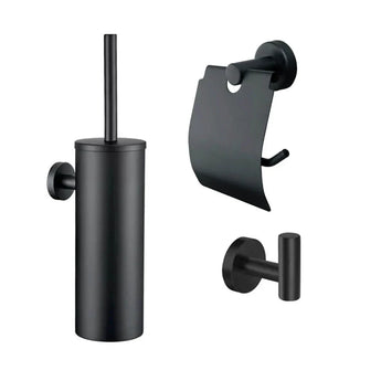 De Sandro Black WC set van yessential.nl bevat drie moderne badkameraccessoires: een matzwarte wandtoiletborstelhouder, toiletrolhouder met klep en een enkele haak, ideaal voor een minimalistisch interieur.