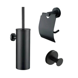 De Mano Black WC set van yessential.nl bevat een matzwarte toiletborstelhouder, toiletrolhouder met klep en wandhaak voor een stijlvolle badkamer. Perfect als luxe zwarte toiletaccessoires set!.