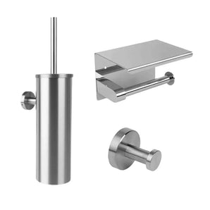 De Midao RVS WC set van yessential.nl bevat een toiletborstelhouder, toiletrolhouder met plankje en een enkele wandhaak. Stijlvol uitgevoerd in RVS en ideaal voor de moderne badkamer. Geplaatst op een witte achtergrond.