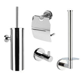 De Quirino Chroom WC-set van yessential.nl bestaat uit vier chromen badkameraccessoires: een wc-borstelhouder, afgedekte wc-papierhouder, wandhaak en reserverolhouder.