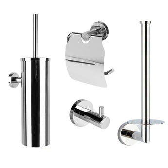 De Quirino Chroom WC-set van yessential.nl bestaat uit vier chromen badkameraccessoires: een wc-borstelhouder, afgedekte wc-papierhouder, wandhaak en reserverolhouder.