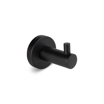 De Donato Black WC Set van yessential.nl heeft een matzwart, cilindervormig wandhaakje met een ronde basis - perfect om spullen aan op te hangen en ideaal als onderdeel van je badkameraccessoires of toiletset zwart.