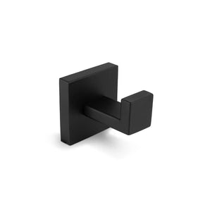 De Valo Black Hook van yessential.nl is een moderne, matzwarte handdoekhaak met vierkante basis en rechte hoek, gefotografeerd tegen een witte achtergrond. Perfect als stijlvolle handdoekhaak badkamer voor een strakke look.