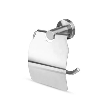 De Julio RVS toiletrolhouder van yessential.nl is een strakke, roestvrijstalen houder met klep, gebogen afdekplaat en horizontale arm voor stijlvol ophangen van je toiletpapier.