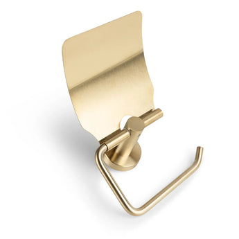 De Mano Gold toiletset van yessential.nl heeft een wandgemonteerde, gouden toiletrolhouder met een gestroomlijnd gebogen deksel en horizontale arm - ideaal voor elke moderne, minimalistische toiletaccessoireset goud.