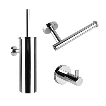 De Lorenzo Chromen WC-set van yessential.nl bestaat uit een toiletborstelgarnituur, wandclosetpapierhouder en wandhaak in een modern cilindervormig ontwerp-perfect als stijlvolle badkameraccessoires chroom.