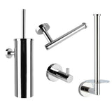 De yessential.nl Romano Chroom WC-set bestaat uit vier roestvrijstalen badkameraccessoires: een wc-borstelhouder, schuine wc-papierhouder, wandhaak en verticale wc-papierhouder met planchet, allemaal afgebeeld op een witte achtergrond.