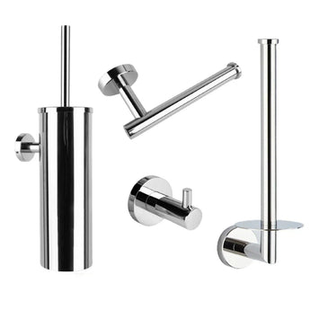 De yessential.nl Romano Chroom WC-set bestaat uit vier roestvrijstalen badkameraccessoires: een wc-borstelhouder, schuine wc-papierhouder, wandhaak en verticale wc-papierhouder met planchet, allemaal afgebeeld op een witte achtergrond.