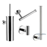 De Corrado Chroom WC-set van yessential.nl bestaat uit een toiletborstelhouder, wandclosetpapierhouder, enkele badjashaak en verticale reserverolhouder - stijlvolle roestvrijstalen badkameraccessoires op een witte achtergrond.