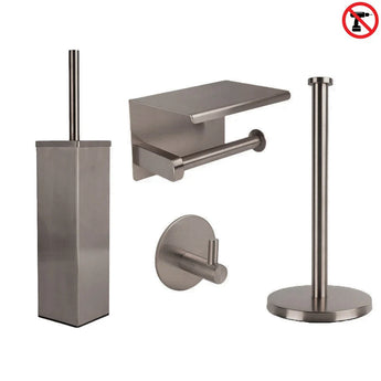 De Cano Gunmetal WC Set (zonder boren) van yessential.nl bestaat uit een toiletborstelgarnituur, toiletpapierhouder met planchet, wandhaak en staande toiletpapierhouder. "Zonder boren" betekent eenvoudige installatie - boren is niet nodig.