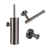 Upgrade je badkamer met de Xavo Gunmetal WC set van yessential.nl: bevat een toiletborstelhouder, wandgemonteerde toiletrolhouder en haak in modern geborsteld gunmetal. Voeg stijlvolle WC-accessoires toe aan je ruimte!.