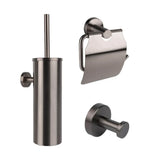 De Mano Gunmetal WC-set van yessential.nl bestaat uit een toiletborstelhouder met borstel, een toiletpapierhouder met deksel en een wandhaak - allemaal in gestroomlijnd geborsteld metaal voor een stijlvolle badkamerupgrade.