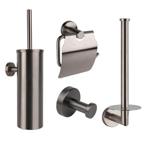 Verfraai je badkamer met de Lauro Gunmetal WC-set van yessential.nl-vier luxe accessoires: toiletborstelgarnituur, toiletpapierhouder met deksel, wandhaak en reserverolhouder in een strakke geborstelde gunmetal afwerking.