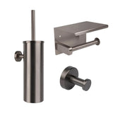 De Midao Gunmetal WC-set van yessential.nl bestaat uit een wandclosetborstelhouder, toiletpapierhouder met planchet en ronde haak - perfect voor een moderne badkamer met strak design.