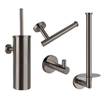 De Romano Gunmetal WC-set van yessential.nl bestaat uit vier luxe badkameraccessoires: een toiletborstelhouder, toiletpapierhouder, wandhaak en reserverolhouder - een ideale moderne badkameraccessoireset.