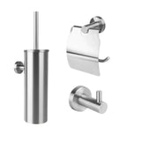 De Marino RVS WC Set van yessential.nl heeft een roestvrijstalen toiletborstelhouder, een toiletpapierhouder met deksel en een enkele wandhaak - ideaal voor moderne badkamers.