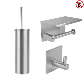 De Tapio RVS WC Set (no-drill) van yessential.nl bestaat uit een wc-borstelhouder, wc-papierhouder met planchet en wandhaak in een stijlvol design - bovendien heeft het een no-drill installatiepictogram in de rechterbovenhoek.