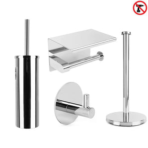 De yessential.nl Delo Chroom WC Set (no-drill) bevat een toiletborstel met houder, toiletrolhouder met plank, wandhaak en verticale standaard. Een rood 'zonder boren' symbool rechtsboven maakt montage eenvoudig zonder te boren.