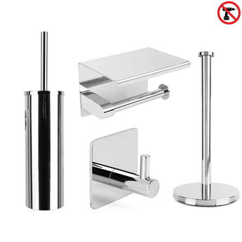 De Ludo Chroom WC Set (no-drill) van yessential.nl bevat vier chroom accessoires: toiletborstelhouder, toiletrolhouder met plankje, wandhaak en staande houder. Het "zonder boren" symbool staat rechtsboven.