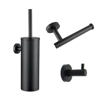 De Lorenzo Black WC-set van yessential.nl bestaat uit een wandgemonteerde toiletborstelhouder, toiletpapierhouder en enkele haak in matzwart. Met een modern, minimalistisch design is het de perfecte stijlvolle toiletaccessoireset zwart.