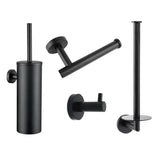 De Romano Black WC set van yessential.nl is een stijlvolle matzwarte badkameraccessoireset met toiletborstelhouder, wc-rolhouder, handdoekhaak en reserverolhouder, gemonteerd op ronde wandplaten.