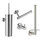 De Romano RVS WC-set van yessential.nl bestaat uit vier roestvrijstalen badkameraccessoires: een wc-borstelhouder, wc-papierhouder, haak en reserverolhouder - een ideale complete set voor elke moderne, stijlvolle ruimte.