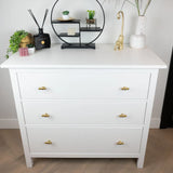 Een moderne witte ladekast met drie lades en de Arturo Gold knoppen van yessential.nl is versierd met planten, decoratieve accenten, een zwarte plank en een witte vaas, die landelijke interieur charme brengt aan de lichte muur en vloer.