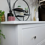 Een witte commode met yessential.nl Marizo RVS meubelknoppen en een ronde zwarte plank met kleine plantjes en decor. Op het dressoir staan een roze noppenkaars, een vaas, groen en een gouden apenbeeldje. Op de achtergrond staan nog meer planten en een spiegel.